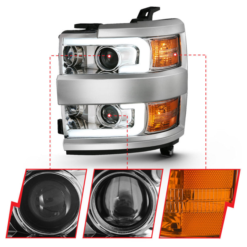 ANZO Projector Plank Style Headlights, Chrome, Chrome Trim - 2015-2019 Chevy Silverado 2500HD/3500HD (Halogen models only) - ANZO part 111360 view 3