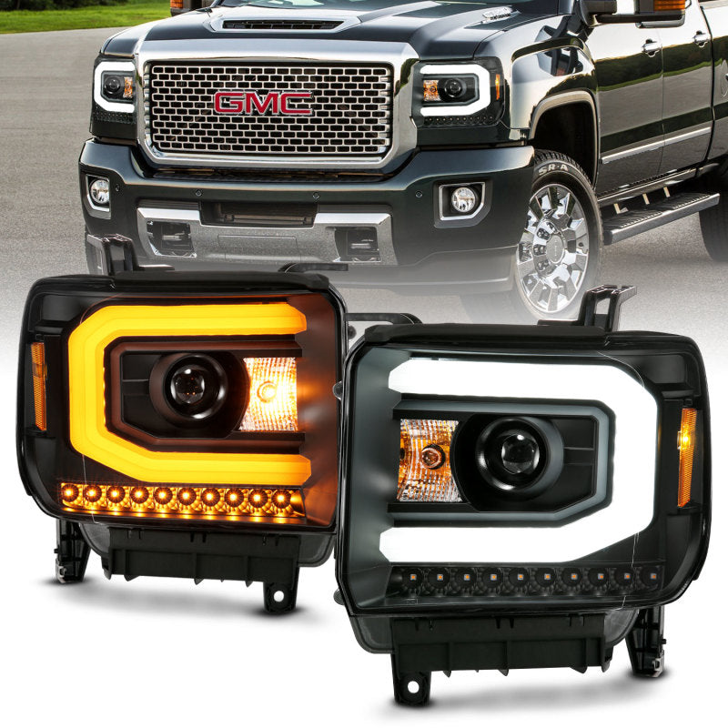 ANZO Projector C-Bar Switchback Headlights w/ DRL, Black - 2014-2015 GMC Sierra 1500, 2015-2019 GMC Sierra 2500HD/3500HD (Halogen type model without factory LED DRL) - ANZO part 111487