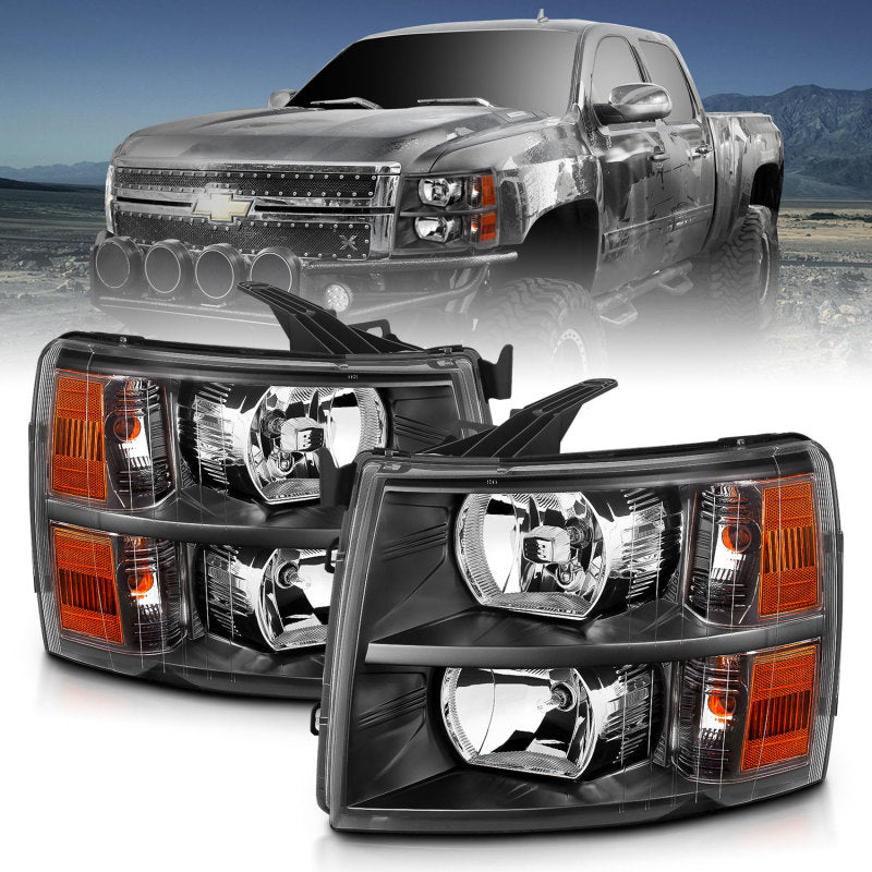 ANZO Crystal Headlights, Black - 2007-2013 Chevy Silverado 1500, 2007-2014 Chevy Silverado 2500HD/3500HD - ANZO part 111393