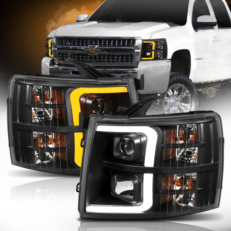 ANZO Projector Plank Style Switchback Headlights, Black - 2007-2013 Chevy Silverado 1500, 2007-2014 Chevy Silverado 2500HD/3500HD - ANZO part 111410