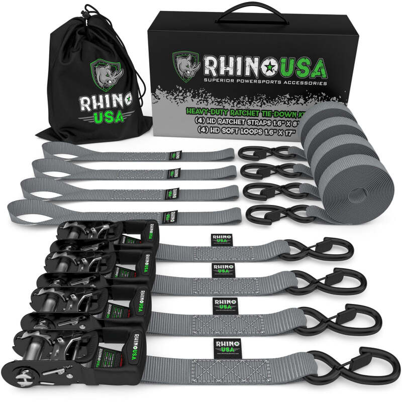 Rhino USA Heavy Duty Ratchet Tie-Down 4-Pack (Gray) 1.6In X 8Ft - HDKIT-4PK-GRY