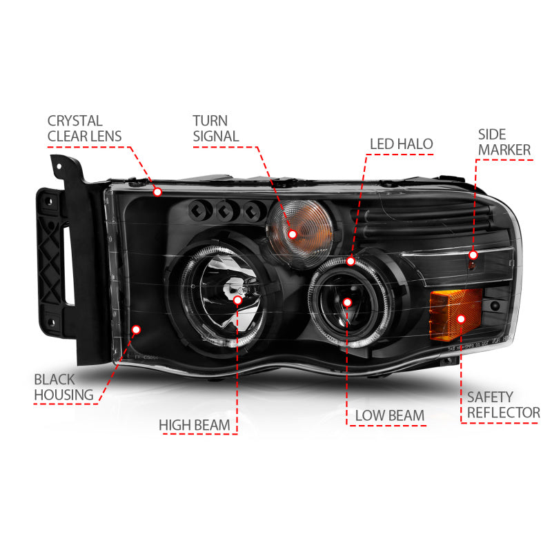 ANZO Projector Halo Headlights, Black - 2002-2005 Ram 1500, 2003-2005 Ram 2500/3500 - ANZO part 111490 view 6