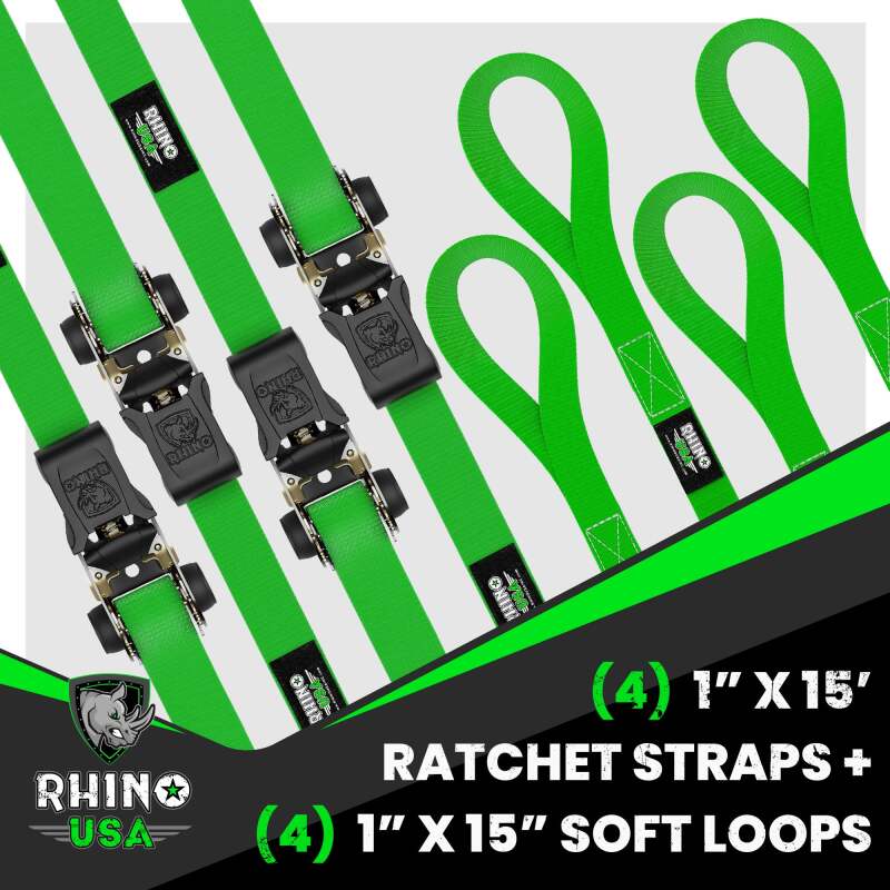 Rhino USA Medium Duty Ratchet Strap Tie-Down 4-Pack (Green) - RCHT-4PACK-GRN - view 2