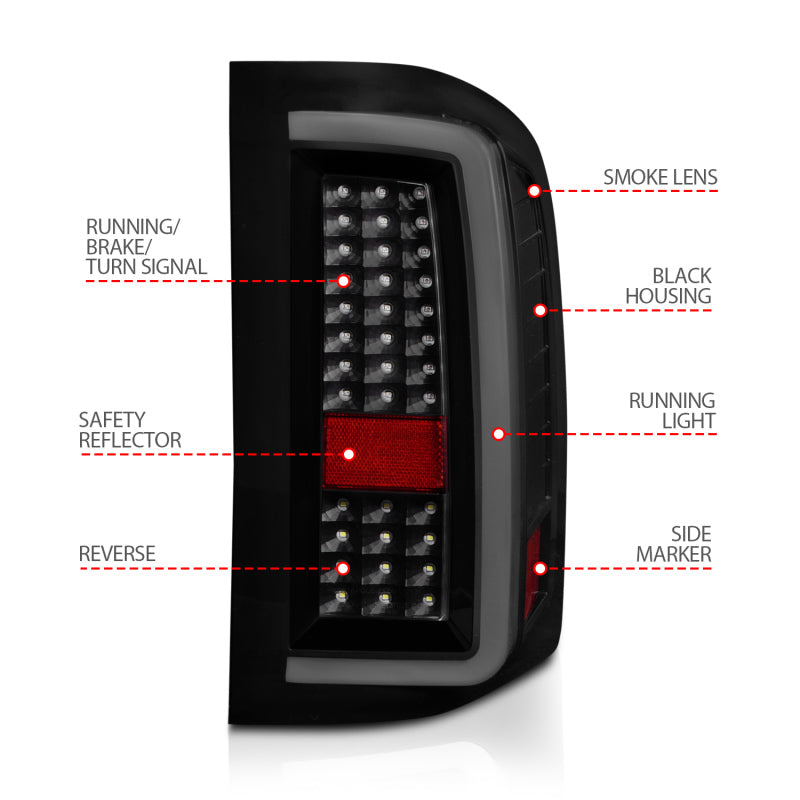 ANZO Full LED C-Bar Tail Lights, Black Housing, Smoke Lens - 2007-2013 Chevy Silverado 1500, 2007-2014 Chevy Silverado 2500HD/3500HD - ANZO part 311381 view 7