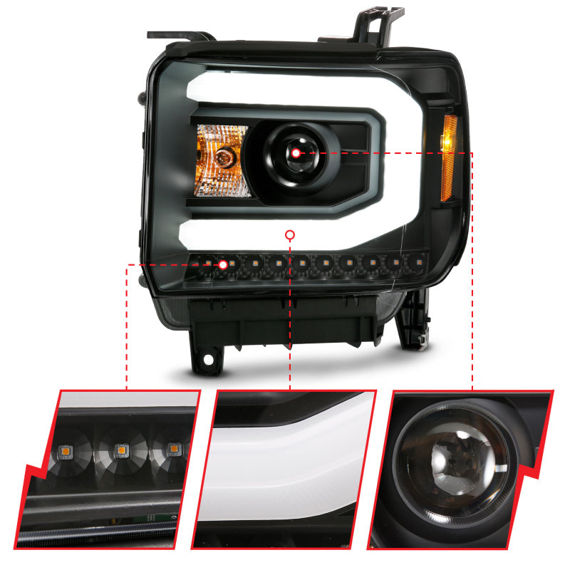 ANZO Projector C-Bar Switchback Headlights w/ DRL, Black - 2014-2015 GMC Sierra 1500, 2015-2019 GMC Sierra 2500HD/3500HD (Halogen type model without factory LED DRL) - ANZO part 111487 view 3