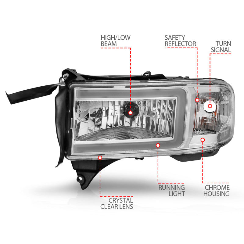 ANZO Crystal Plank Style Headlights, Chrome - 1994-2001 Ram 1500, 1994-2002 Ram 2500/3500 (Dual light models only) - ANZO part 111555 view 6