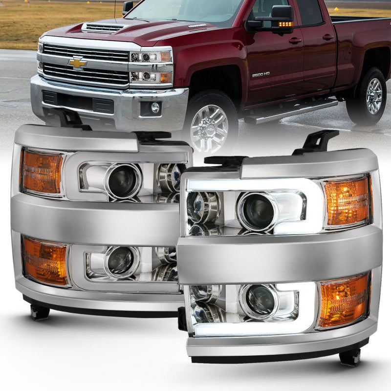 ANZO Projector Plank Style Headlights, Chrome, Chrome Trim - 2015-2019 Chevy Silverado 2500HD/3500HD (Halogen models only) - ANZO part 111360