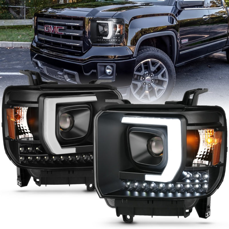 ANZO Projector C-Bar Headlights w/ DRL, Black - 2014-2015 GMC Sierra 1500, 2015-2019 GMC Sierra 2500HD/3500HD (For halogen models without factory LED DRL) - ANZO part 111450
