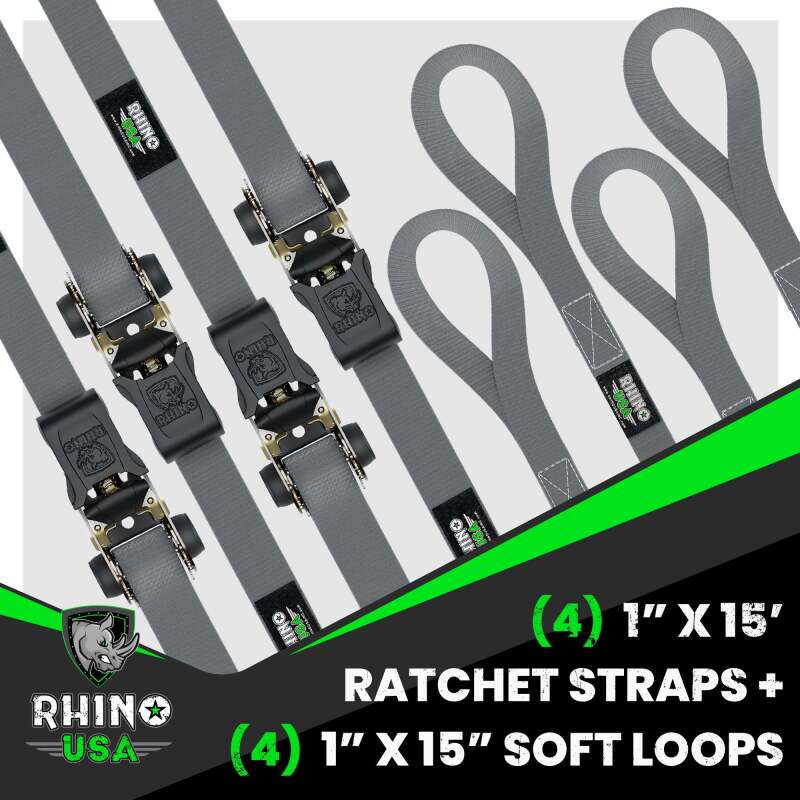 Rhino USA Medium Duty Ratchet Strap Tie-Down 4-Pack (Gray) - RCHT-4PACK-GRY - view 2