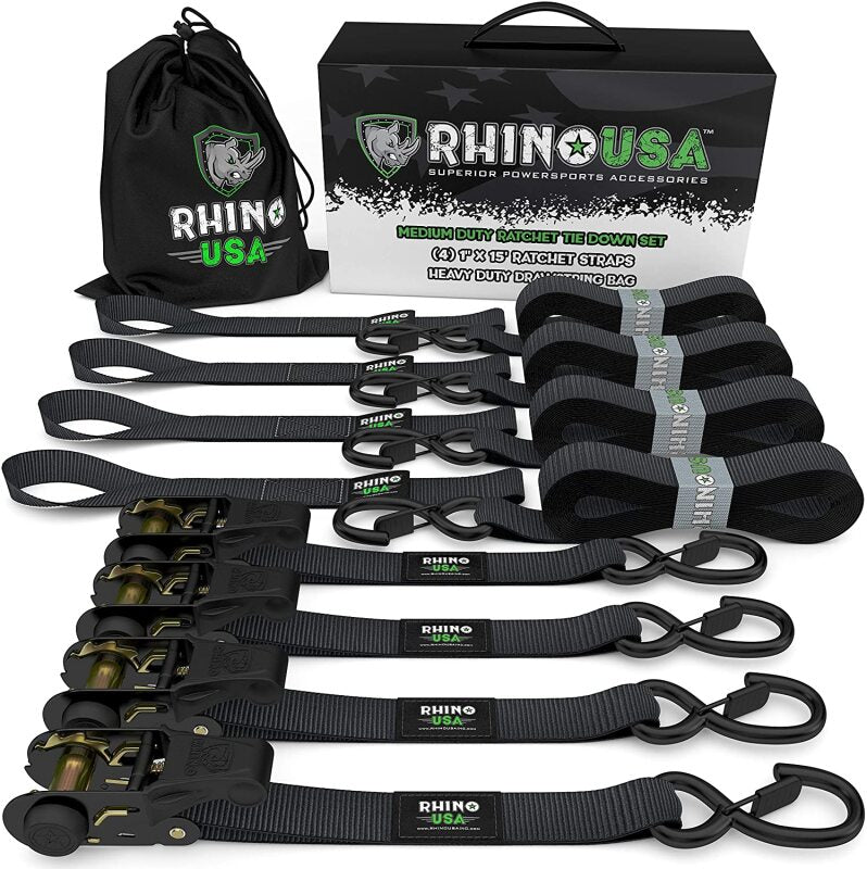 Rhino USA Medium Duty Ratchet Strap Tie-Down 4-Pack (Black) - GMG-R1-4PACK
