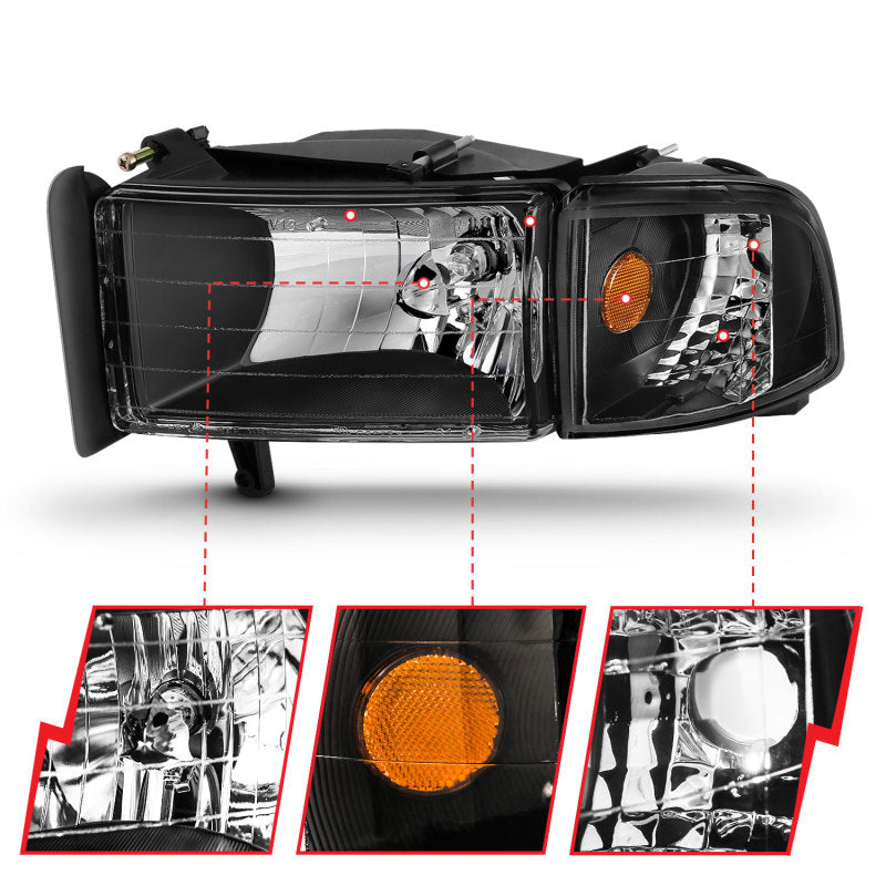 ANZO Crystal Headlights w/ Corner Lights, Black - 1994-2001 Ram 1500, 1994-2002 Ram 2500/3500 - ANZO part 111067 view 4