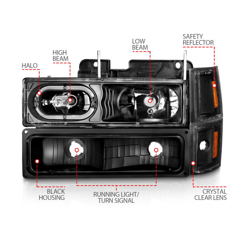 ANZO Crystal Halo Headlights w/ Signal & Side Markers, Black - 1994-1998 Chevy C/K 1500 & C/K 2500, 1994-2000 Chevy C/K 3500, 1994-1999 Chevy Suburban, 1995-1999 Chevy Tahoe, 1994 Chevy Blazer - ANZO part 111507 view 5