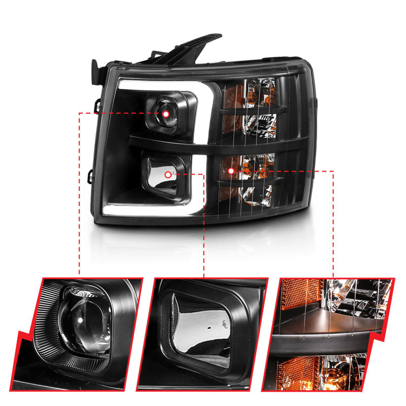 ANZO Projector Plank Style Headlights, Black - 2007-2013 Chevy Silverado 1500, 2007-2014 Chevy Silverado 2500HD/3500HD - ANZO part 111480 view 3