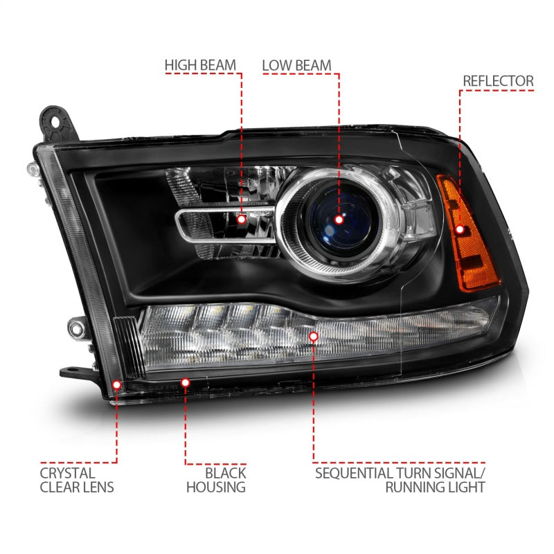 ANZO Projector Sequential Headlights, Matte Black Housing, Clear Lens - 2009-2018 Ram 1500, 2010-2018 Ram 2500/3500 (For all models) - ANZO part 111609 view 4