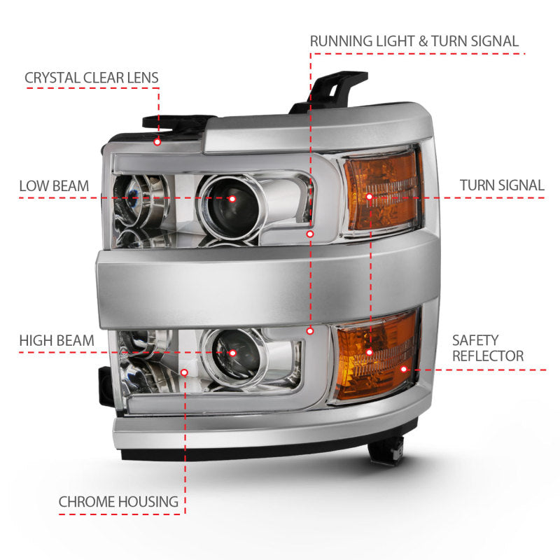 ANZO Projector Plank Style Headlights, Chrome, Chrome Trim - 2015-2019 Chevy Silverado 2500HD/3500HD (Halogen models only) - ANZO part 111360 view 6