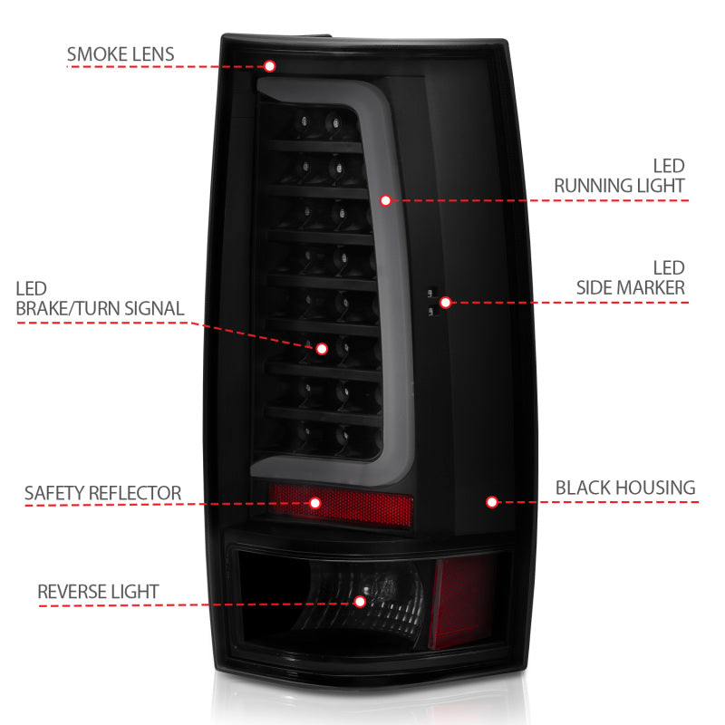 ANZO LED C-Bar Tail Lights, Black Housing, Smoke Lens - 2007-2014 Chevy Tahoe & Suburban, 2007-2014 GMC Yukon & Yukon XL - ANZO part 311322 view 6