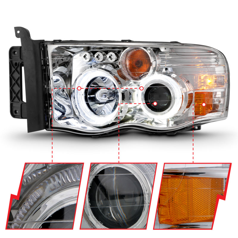 ANZO Projector Halo Headlights, Chrome Housing, Clear Lens - 2002-2005 Ram 1500, 2003-2005 Ram 2500/3500 - ANZO part 111491 view 4