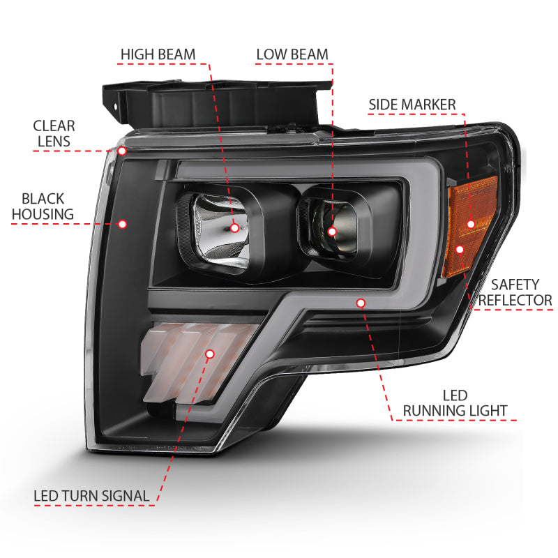 ANZO Projector Plank Style LED Signal Headlights, Black - 2009-2014 Ford F-150 (For halogen model) - ANZO part 111445 view 6