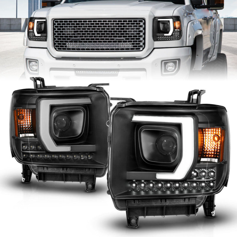 ANZO Projector C-Bar Headlights w/ DRL, Black - 2014-2015 GMC Sierra 1500, 2015-2019 GMC Sierra 2500HD/3500HD (For halogen models without factory LED DRL) - ANZO part 111450 view 2