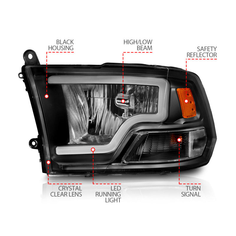 ANZO Crystal C-Bar Headlights, Black - 2009-2018 Ram 1500, 2010-2018 Ram 2500/3500 (For dual light models) - ANZO part 111515 view 6