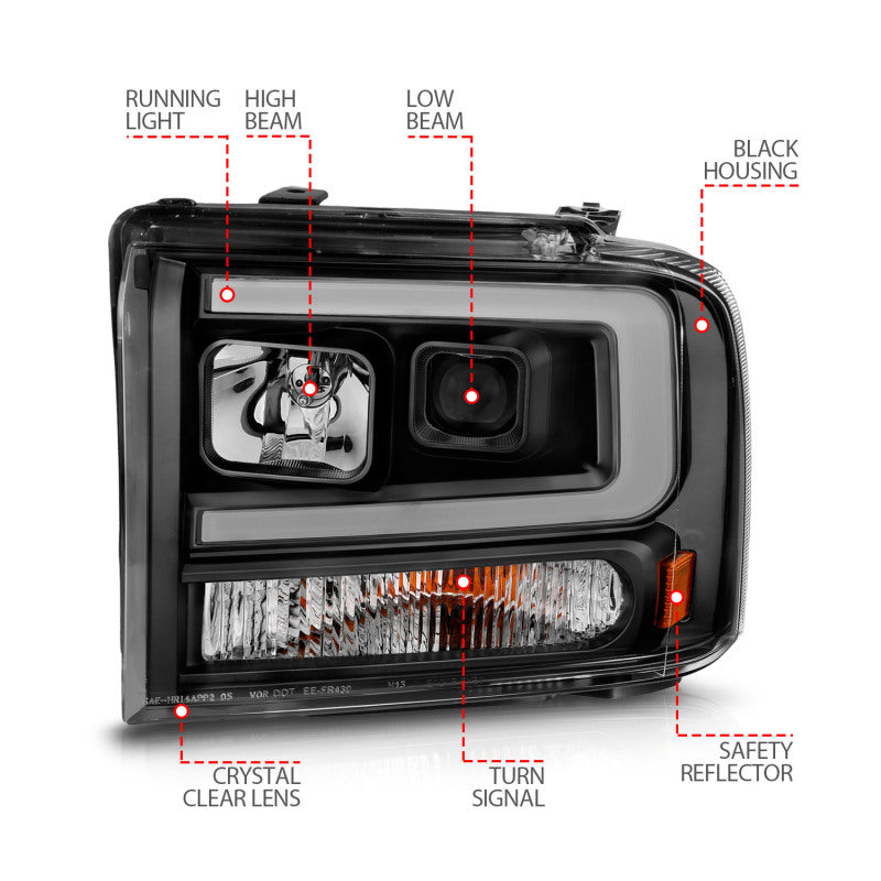 ANZO Projector Plank Style Headlights, Black - 2005-2007 Ford F-250/F-350/F-450/F-550, 2005 Ford Excursion - ANZO part 111551 view 5