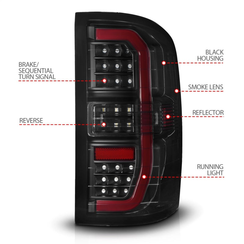 ANZO Full LED C-Bar Sequential Tail Lights, Black Housing, Smoke Lens - 2014-2018 GMC Sierra 1500, 2015-2019 GMC Sierra 2500HD/3500HD (Does not fit OE factory LED models) - ANZO part 311465 view 4