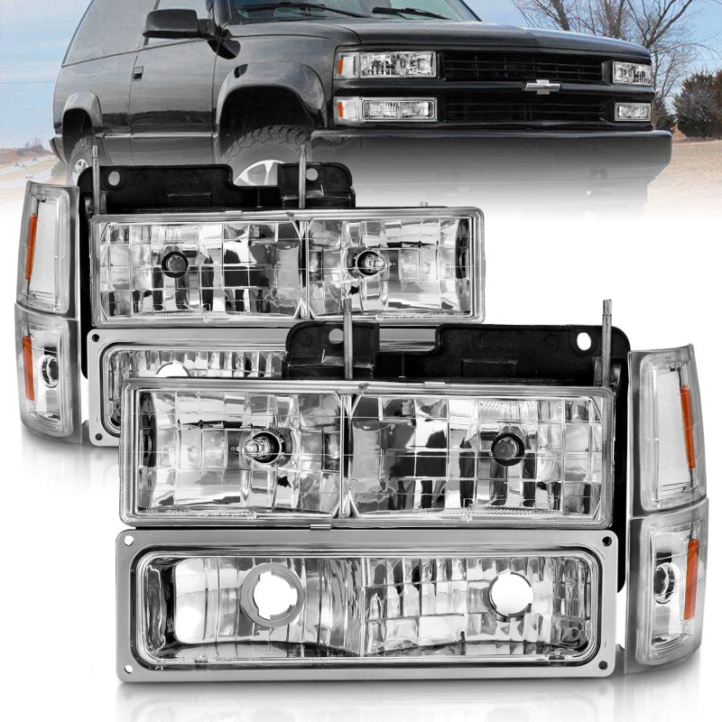 ANZO Crystal Headlights w/ Signal & Side Markers, Chrome - 1994-1998 Chevy C/K 1500 & C/K 2500, 1994-2000 Chevy C/K 3500, 1994-1999 Chevy Suburban, 1995-1999 Chevy Tahoe, 1994 Chevy Blazer - ANZO part 111506