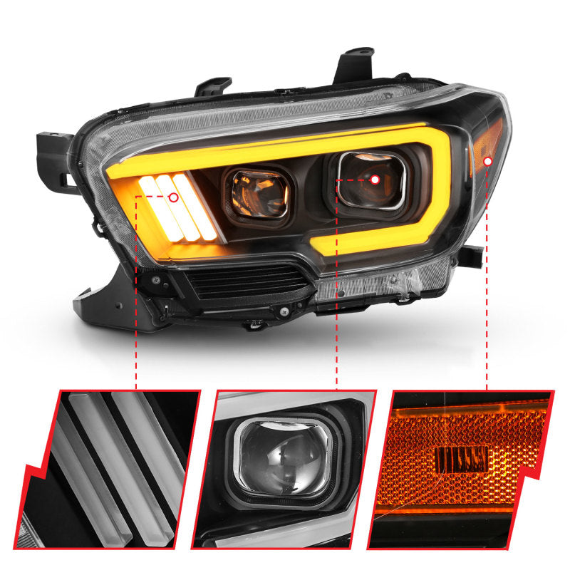 ANZO Projector Plank Style Switchback Headlights w/ DRL, Black - 2016-2023 Toyota Tacoma (For halogen version with LED DRL) - ANZO part 111397 view 3
