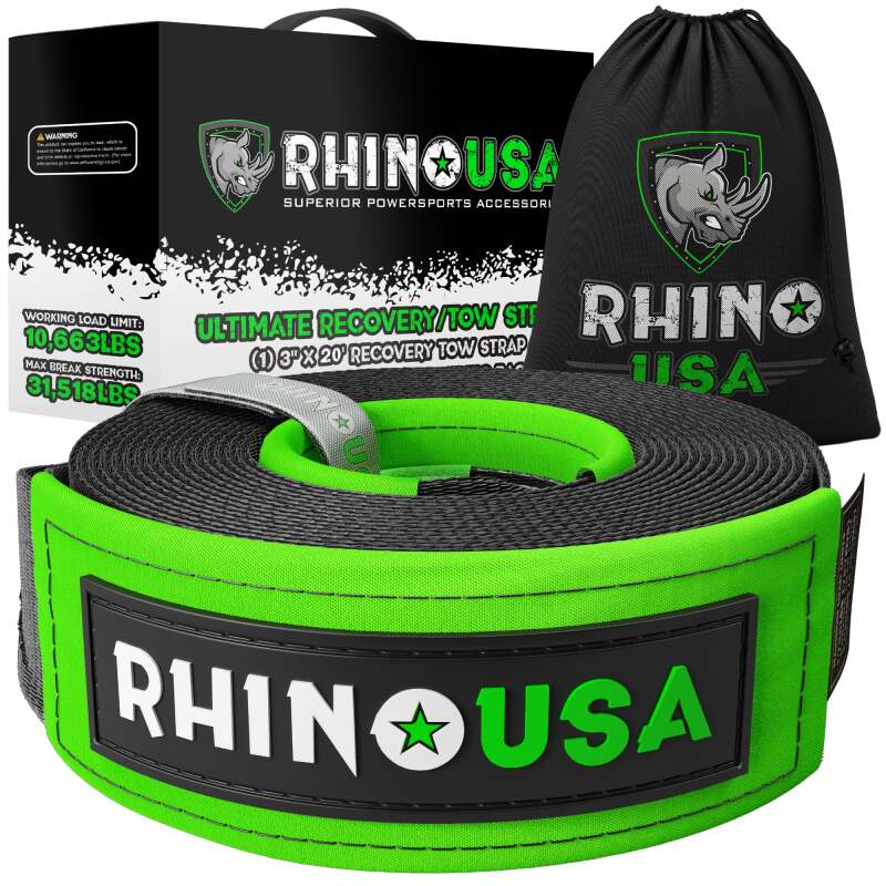 Rhino USA Recovery Tow Strap 3Inx30Ft (Black) - TOWSTRAP-330