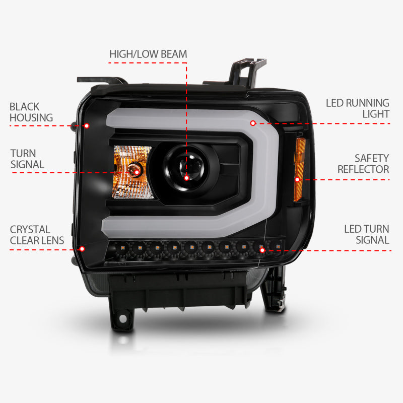 ANZO Projector C-Bar Headlights w/ DRL, Black - 2014-2015 GMC Sierra 1500, 2015-2019 GMC Sierra 2500HD/3500HD (Halogen type model with factory LED DRL) - ANZO part 111513 view 6