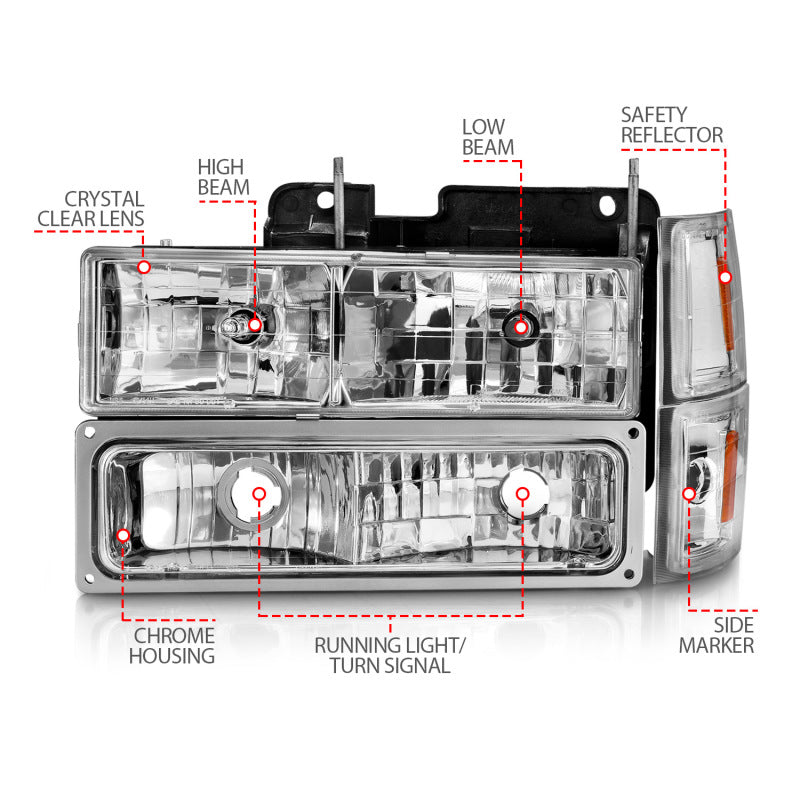 ANZO Crystal Headlights w/ Signal & Side Markers, Chrome - 1994-1998 Chevy C/K 1500 & C/K 2500, 1994-2000 Chevy C/K 3500, 1994-1999 Chevy Suburban, 1995-1999 Chevy Tahoe, 1994 Chevy Blazer - ANZO part 111506 view 5