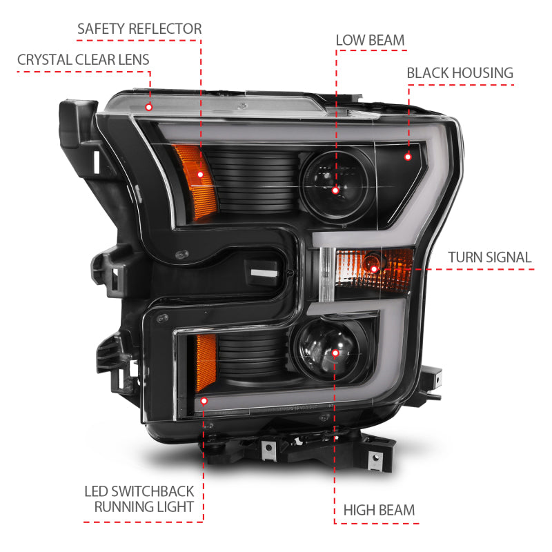 ANZO Projector Plank Style Switchback Headlights, Black - 2015-2017 Ford F-150 (For halogen models only) - ANZO part 111357 view 6