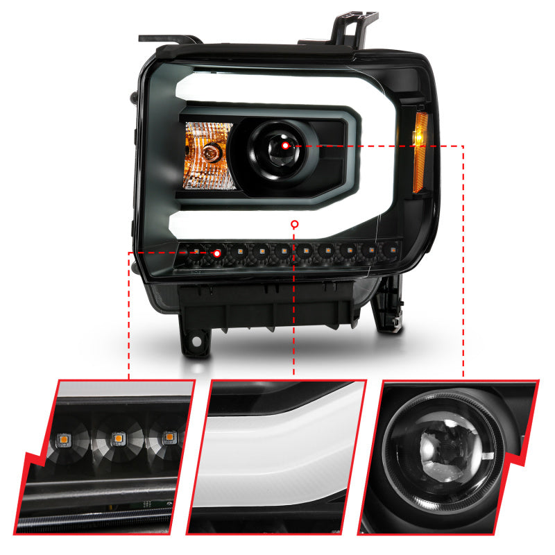 ANZO Projector C-Bar Headlights w/ DRL, Black - 2014-2015 GMC Sierra 1500, 2015-2019 GMC Sierra 2500HD/3500HD (Halogen type model with factory LED DRL) - ANZO part 111513 view 3