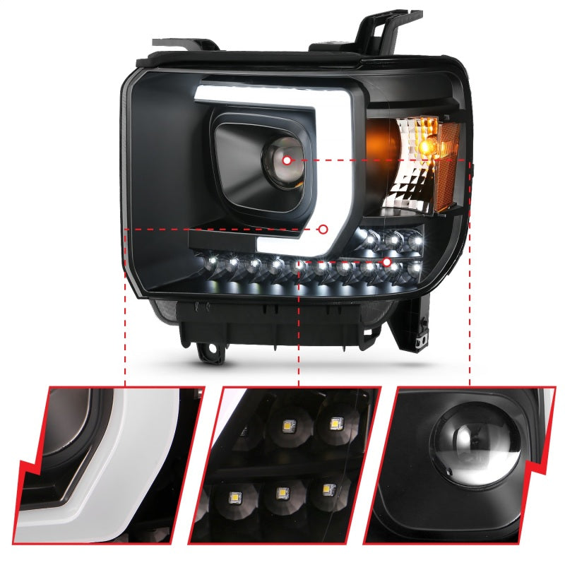 ANZO Projector C-Bar Headlights w/ DRL, Black - 2014-2015 GMC Sierra 1500, 2015-2019 GMC Sierra 2500HD/3500HD (For halogen models without factory LED DRL) - ANZO part 111450 view 4