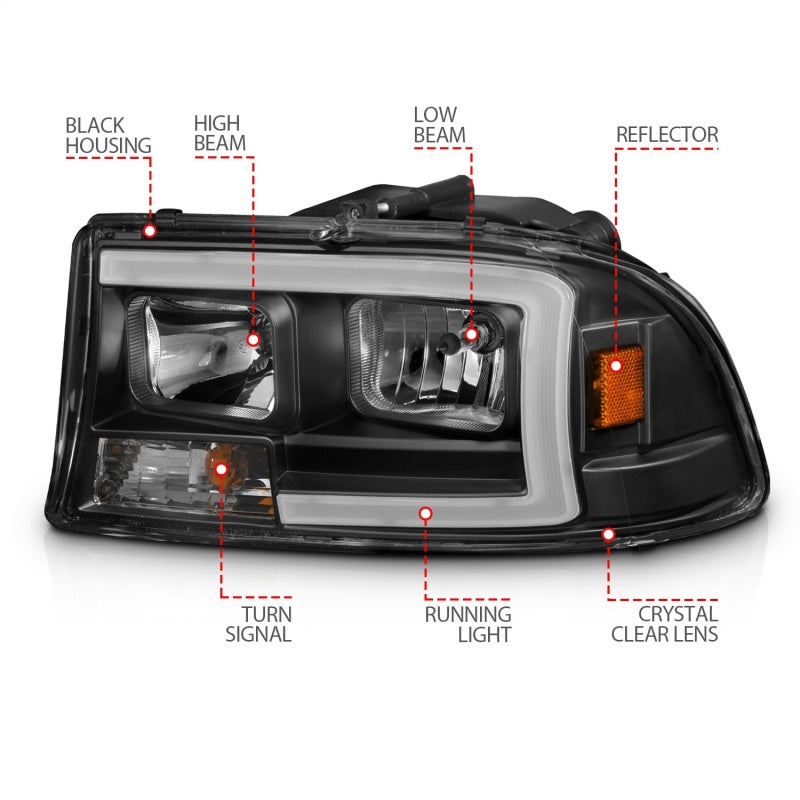 ANZO Crystal Plank Style Headlights, Black - 1997-2004 Dodge Dakota, 1998-2003 Dodge Durango - ANZO part 111591 view 4