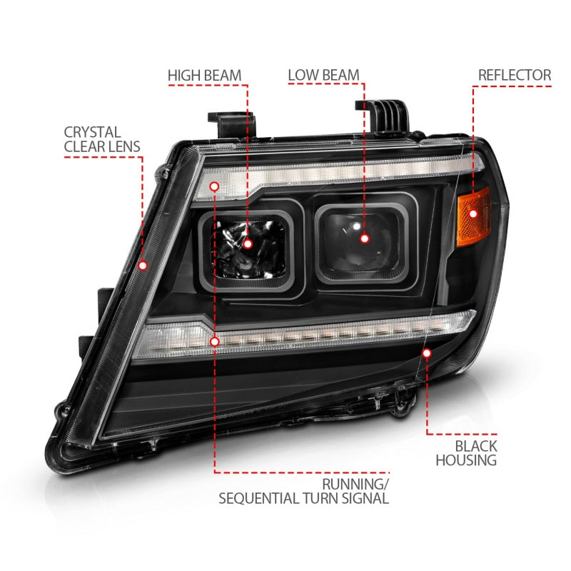 ANZO Projector Plank Style Sequential Headlights w/ DRL, Black - 2009-2021 Nissan Frontier - ANZO part 111597 view 4