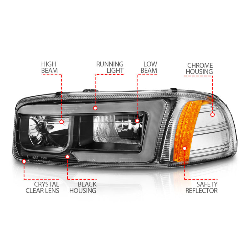 ANZO Crystal Plank Style Headlights, Black - 1999-2006 & 2007 Classic GMC Sierra 1500, 2000-2006 GMC Yukon & Yukon XL - ANZO part 111522 view 6