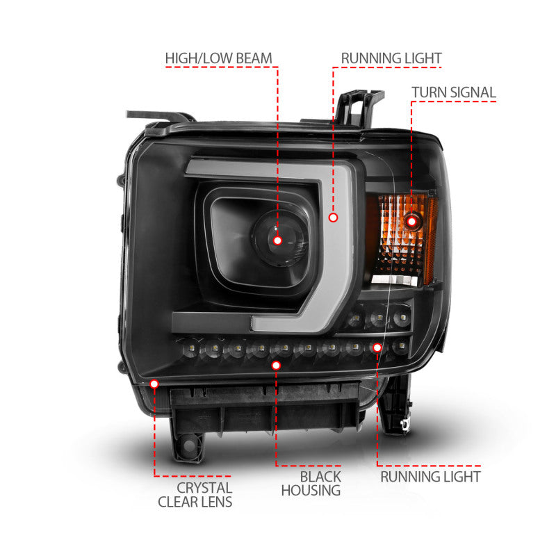 ANZO Projector C-Bar Headlights w/ DRL, Black - 2014-2015 GMC Sierra 1500, 2015-2019 GMC Sierra 2500HD/3500HD (For halogen models without factory LED DRL) - ANZO part 111450 view 7