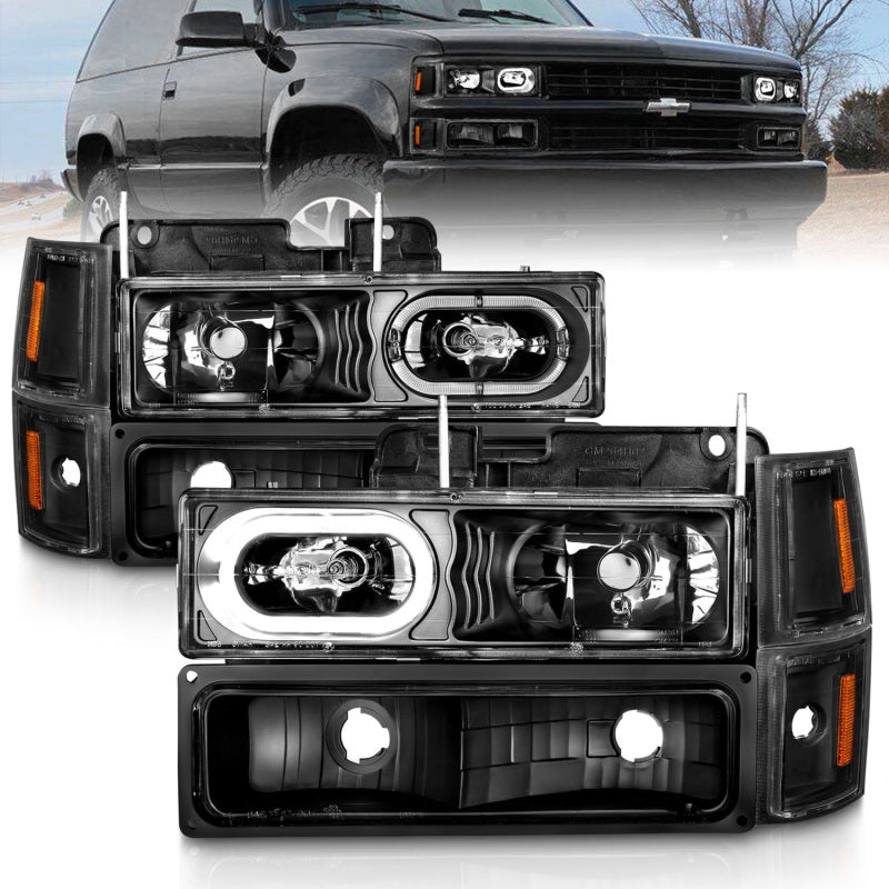 ANZO Crystal Halo Headlights w/ Signal & Side Markers, Black - 1994-1998 Chevy C/K 1500 & C/K 2500, 1994-2000 Chevy C/K 3500, 1994-1999 Chevy Suburban, 1995-1999 Chevy Tahoe, 1994 Chevy Blazer - ANZO part 111507