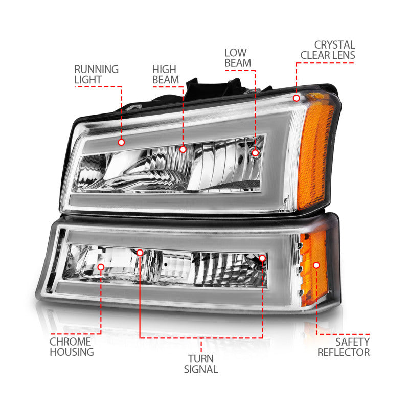 ANZO Crystal Plank Style Headlights w/ Parking/Signal Lights, Chrome - 2003-2006 & 2007 Classic Chevy Silverado 1500, 2003-2006 Chevy Avalanche - ANZO part 111502 view 6