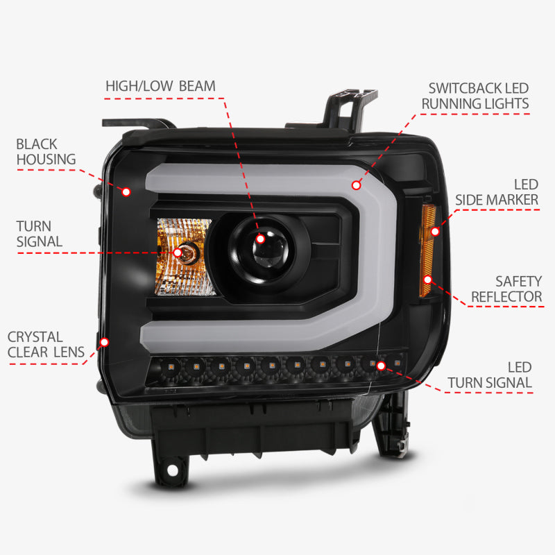 ANZO Projector C-Bar Switchback Headlights w/ DRL, Black - 2014-2015 GMC Sierra 1500, 2015-2019 GMC Sierra 2500HD/3500HD (Halogen type model without factory LED DRL) - ANZO part 111487 view 7
