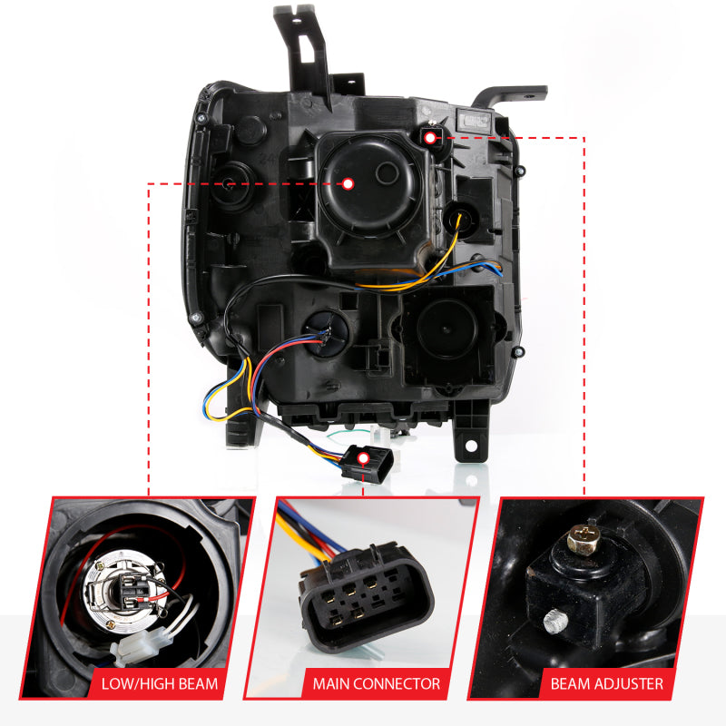 ANZO Projector C-Bar Switchback Headlights w/ DRL, Black - 2014-2015 GMC Sierra 1500, 2015-2019 GMC Sierra 2500HD/3500HD (Halogen type model without factory LED DRL) - ANZO part 111487 view 4