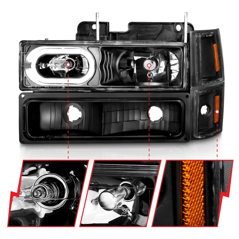 ANZO Crystal Halo Headlights w/ Signal & Side Markers, Black - 1994-1998 Chevy C/K 1500 & C/K 2500, 1994-2000 Chevy C/K 3500, 1994-1999 Chevy Suburban, 1995-1999 Chevy Tahoe, 1994 Chevy Blazer - ANZO part 111507 view 2