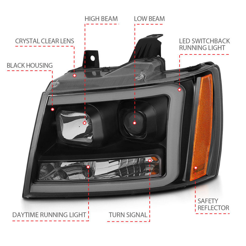 ANZO Projector Plank Style Switchback Headlights, Black - 2007-2014 Chevy Tahoe & Suburban, 2007-2013 Chevy Avalanche - ANZO part 111402 view 7