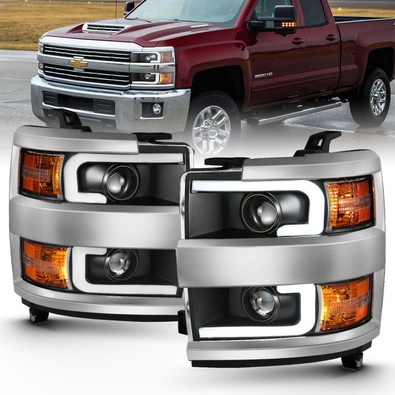 ANZO Projector Plank Style Headlights, Black, Chrome Trim - 2015-2019 Chevy Silverado 2500HD/3500HD (Halogen models only) - ANZO part 111359