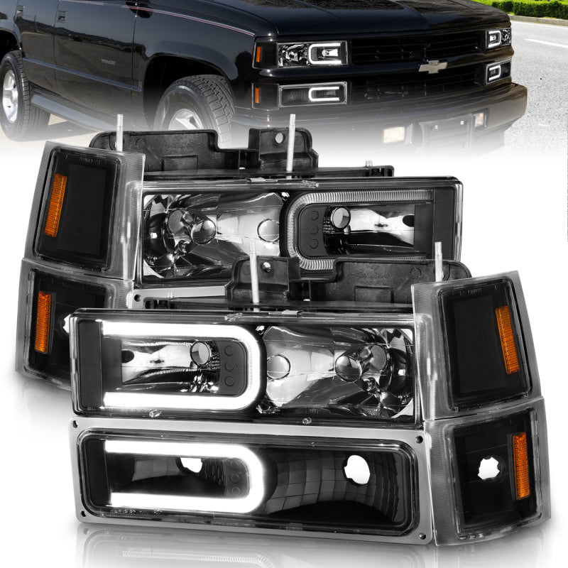ANZO Crystal C-Bar Headlights w/ Signal & Side Markers, Black, No Bulbs - 1994-1998 Chevy C/K 1500 & C/K 2500, 1994-2000 C/K 3500, 1994-1999 Suburban, 1995-1999 Tahoe, 1994 Blazer - ANZO part 111528