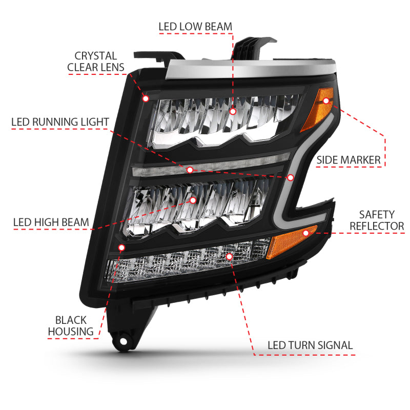 ANZO LED Crystal Plank Style Sequential Headlights, Black - 2015-2020 Chevy Tahoe & Suburban - ANZO part 111478 view 3