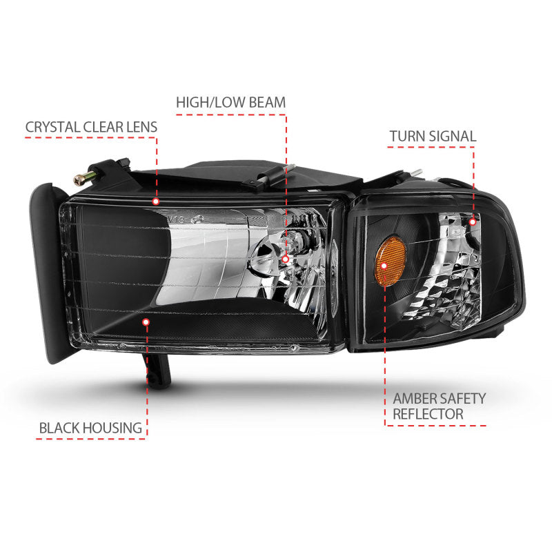 ANZO Crystal Headlights w/ Corner Lights, Black - 1994-2001 Ram 1500, 1994-2002 Ram 2500/3500 - ANZO part 111067 view 6