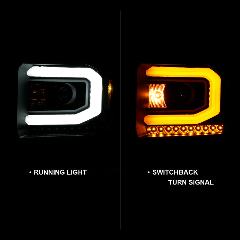 ANZO Projector C-Bar Switchback Headlights w/ DRL, Black - 2014-2015 GMC Sierra 1500, 2015-2019 GMC Sierra 2500HD/3500HD (Halogen type model without factory LED DRL) - ANZO part 111487 view 2