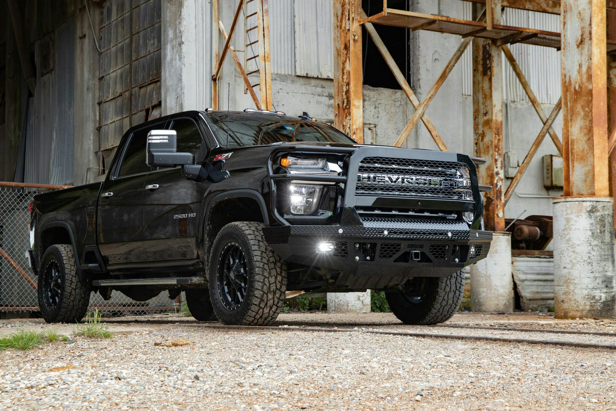 Black Chevrolet Silverado 2500HD diesel with Bodyguard FT Extreme front bumper